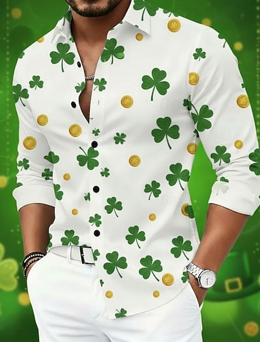  St. Paddy's Day Herren Grafik Shamrock Hemd Knopf-Hemd Strand Hemd Langarm Hawaiianisch Freizeit Bequem Urlaubstag Feiertag St. Patrick Tag Sommer Frühling Umgeschlagen Druck Schwarz Weiß