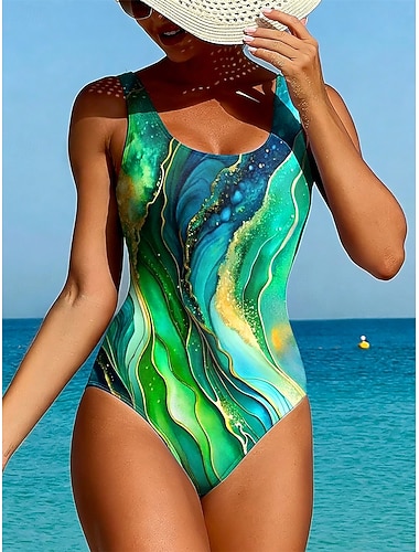  בגדי ריקוד נשים בגדי ים חתיכה אחת גזרה גבוהה בגד ים בגדי חוף סתיו גראפי גאומטרי צווארון U ללא שרוולים בגדי ים