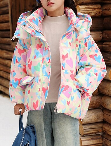  Barn Flickor Dunjacka Pufferjacka Hjärta Sport Ficka Håller värmen Vindtät Utomhus Täcka Ytterkläder 4-12 år Vinter Svart Rodnande Rosa