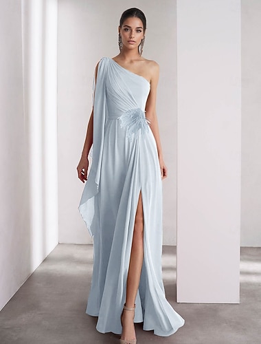  Den Ene Skulder A-linje Chiffon Fjær Kveldsdrakt Elegant Kjole Formell Gulvlengde Uden Ermer Rynket Sjal