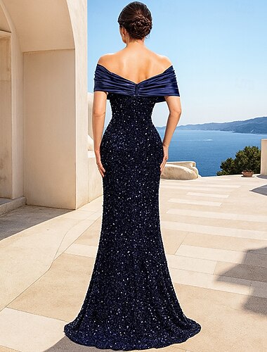  Zeemermin Trompet Vloer Lengte Sequined Jurk Feest Jurk Cocktail Jurk Quinceanera Jurken Elegant Feest Mouwloos Off Shoulder Prom Avond Feest met Glitter