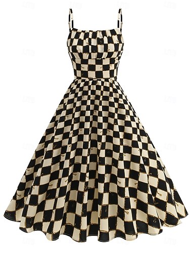  Jaren '50 Retro vintage rockabilly Middag Jurken Swing Jurk Flare Jurk Spaghetti Bandjes Ruudullinen Wijd uitlopend Kostuum Dames Carnaval Valentijnsdag Casual Schoolfeest Retro themafeest Volwassenen