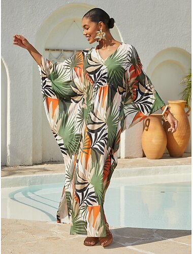  Maxikleid aus Satin mit tropischem Pflanzenmuster und Dolmanärmeln für den Urlaub
