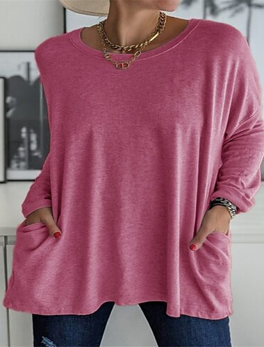  Mulheres Túnica Camiseta Bolsos Côr Sólida Tecido à moda Clássico Manga Longa Gola Redonda Tops regulares Diário Ginásio Esportes Azul clarete Grandes quantidades de produtos à vista enviadas no