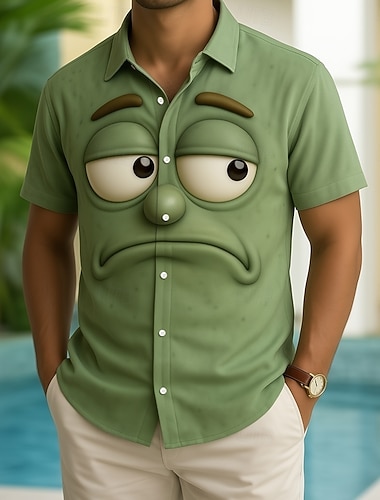 Herren Optische Täuschung 3D Zeichentrick Lächelndes Gesicht Hemd Knopfhemd Kurzarm Lustig Outdoor Ferien Sommer Frühling Umlegekragen 3D-Druck Hemden mit Kragen Gelb Dunkelgrün Orange Grün