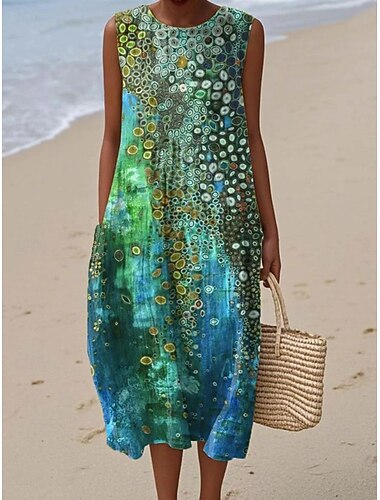  Dames Midi Jurk Lijnachtig Zomerjurk Shift Jurk A-lijn Jurk Vakantie Casual Boho Strand Feest Uitgaan Losse Pasvorm Bloemen Graphic Mouwloos Ronde Hals Blauw Lichtblauw Oranje Groen Zomer Lente