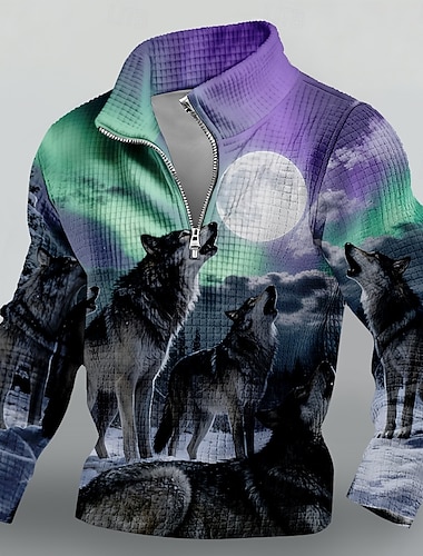  Herren-Sweatshirt mit Viertelreißverschluss, 3D-Print mit heulendem Wolfsrudel bei Vollmond, Waffelpiqué, Langarm, lila Aurora-Grafik, Oberteile, Bekleidung, Größen: S, M, L, XL, XXL, XXXL