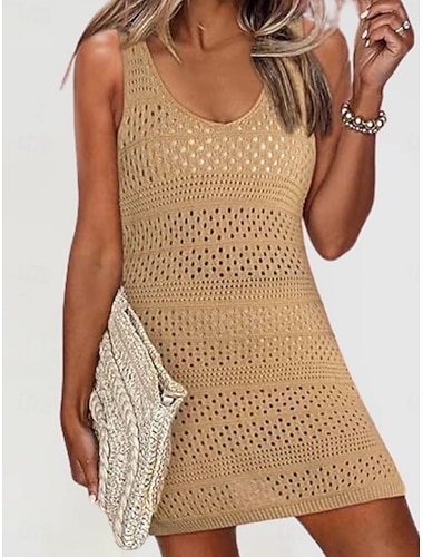  Damen Badeanzug Überwurf Badeanzugkleid Bademode Strick Urlaub Strandbekleidung Einfarbig V Ausschnitt Ärmellos Badeanzüge