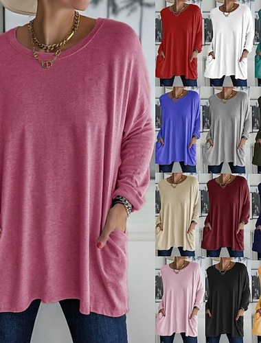 Dam Tunika T-shirt Ficka Ensfärgat Slät Stylish Klassisk Långärmad Rund hals Vanliga toppar Dagligen Gym Sport Blå Rödvin Stora mängder spotvaror skickas samma dag rödbrun Svart Sommar Vår Höst Vinter