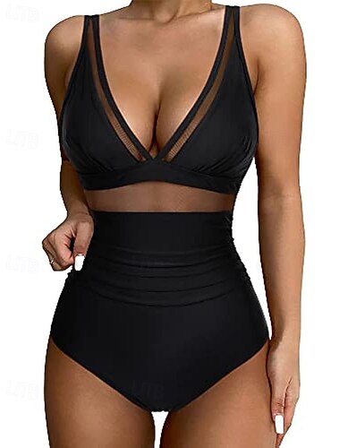  Per donna Costumi da bagno Intero Bikini Shorts Costume da bagno Rete Senza schiena Vacanza Abbigliamento da Spiaggia Tinta unica Scollo a V Senza Maniche Costumi da bagno