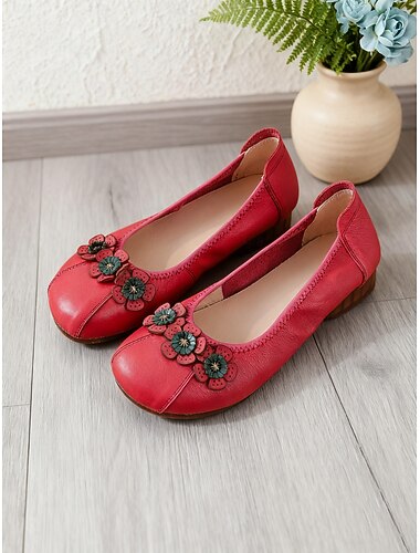  Elegante damesko i læder med blomsterprint | Vintage komfortslip-on sko til bryllupsgæster, kontor og forårsudflugter