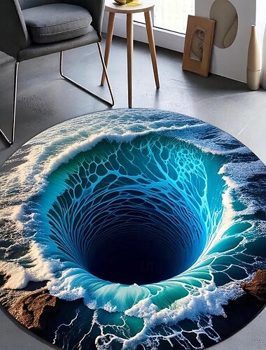  Tapis rond d'illusion d'optique 3D tapis visuel piégeant antidérapant design trou d'abîme océanique pour la salle de bain la chambre le salon intérieur extérieur terre de diatomée séchage rapide