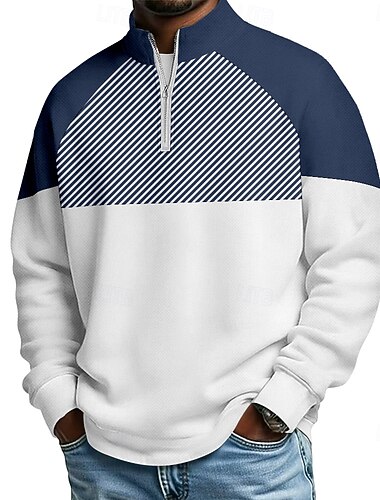  Voor heren Kleurenblok Meetkundig Poloshirts met rits Lange mouw Poloshirt opa kraag Casual School Sportkleding Feestdagen Alledaagse kleding 3D-afdrukken Polo met kwartrits Lente Herfst blauw
