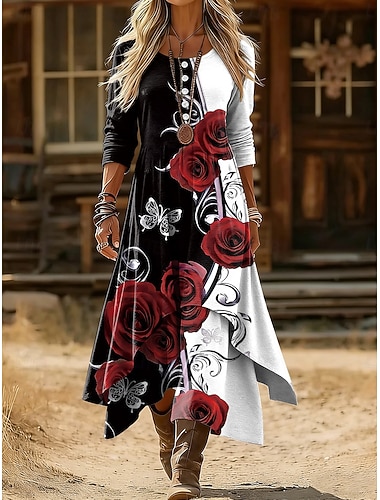  Mulheres Vestido midi Vestido de turno Casual Diário Feriado Normal Floral Gráfico Manga Longa Gola Redonda Azul Vermelho Roxo Verde Primavera Inverno