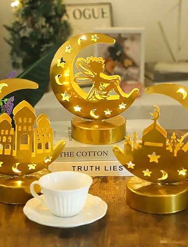  Dekorative Metalllampe (hohl) für Ramadan und Eid, Sternen-, Mond- und Schlossmotiv, stimmungsvolle Schlafzimmerlampe, AAA-Batterie, 23,5 x 20 cm