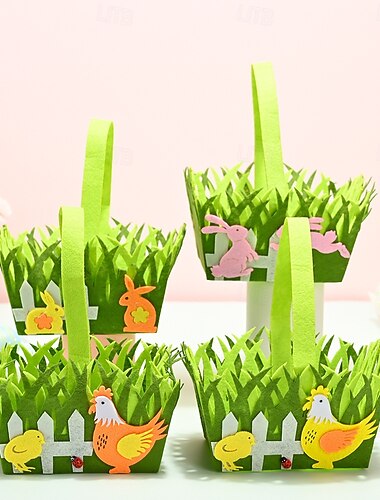  Conjunto de 4 cestas quadradas de tecido não tecido com estampa de coelhinho da Páscoa, perfeitas para decoração, armazenamento na primavera, caça aos ovos de Páscoa e decoração sazonal para casa.