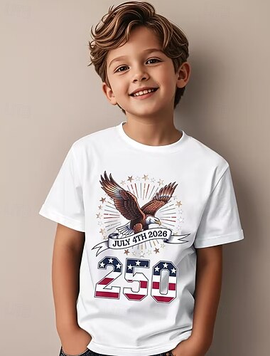  100% Cotone Bambini Ragazzi Nero Bianco Aquila Bandiera USA 250° anniversario Maglietta Blusa Girocollo Manica Corta All'aperto Abbigliamento Quotidiano Moda Streetwear Designer Stampa Estate