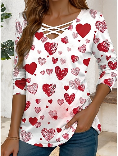  Valentinstag Damen T Shirt Ausschnitt Druck Herz Grafik Vintage Stilvoll Modern Langarm V Ausschnitt Normale Oberteile Täglich Weiß Rosa Rote Frühling Winter