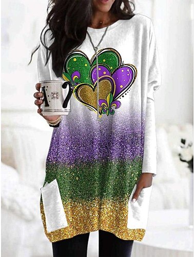  Carnaval Vrouwen T-shirt Ombre Hart Grafisch Mode Stijlvol Klassiek Lange Mouwen Crew Neck Ronde Hals Lange Tops Dagelijks Uitgaan Weekend Zak Print Wit Geel Paarse Lente Herfst