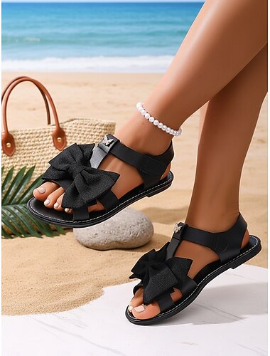  naisten valkoiset isolla rusetilla varustetut matalat sandaalit – söpöt perhoskoristetut rantakengät kesälomille ja arkiretkille &merenrannan häävieraat