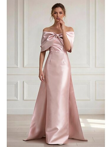  Strak kolom Tot de grond Satijnen Jurk Formele jurk Avondjurken Baljurk met overrok Formele kleding Elegant Vintage glinsterende Mouwloos Schouderafhangend Bruiloft Formeel Satijn met Strik(ken)