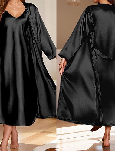  Damen Freizeitkleidung Robe Nachthemd Mode Lässig Weich Einfarbig Patchwork Kleid Heim Urlaub Langarm V Ausschnitt Schwarz Champagner Rosa Wein Marineblau Sommer Frühling Herbst Normale Passform