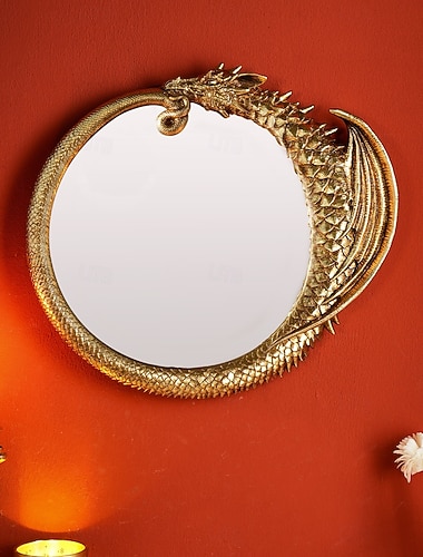  מראה קיר דרקון מעופף וינטג' משרף זהב, קשקשים זהב מפורטים, קישוט חדר, קישוט מלאכה לעיצוב הבית היומיומי, חג, מסיבה, יום הולדת, אירועים מיוחדים