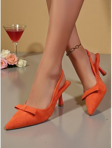  Oranje suède slingbackhakken met strik voor dames - elegante schoenen met puntige neus voor het nachtleven, voor nieuwjaarsfeesten en clubs &feestelijke vieringen