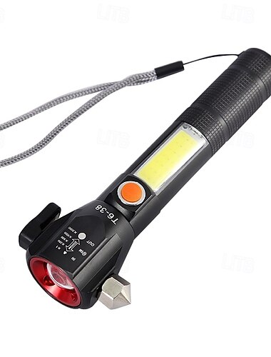  bilvindusknuser sikkerhetsbeltekutter med LED-lommelykt, oppladbar nødhammer, glassknuserverktøy, strobe SOS-varsellampe