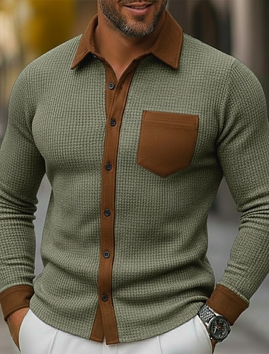  Herren Hemd Waffelhemd Textur Freizeithemd Knopfhemd Schwarz Marineblau Grün Grau Langarm Patchwork Revers Lässig Täglich Tasche Bekleidung Mode Modern Smart Casual