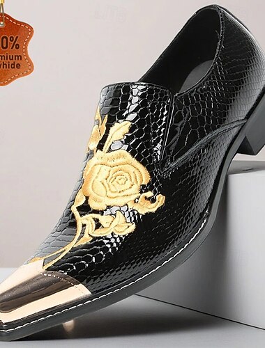  Zwarte lakleren herenschoenen met gouden bloemendetails, luxe puntige neus, schoenen voor formele evenementen