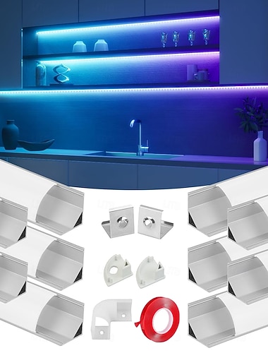  6 ou 10 profilés LED en forme de V de 1 m (3,3 pi) en aluminium argenté avec diffuseur et couvercle blanc laiteux. Éclairage d'angle dépoli. Installation facile. Bande LED non incluse.