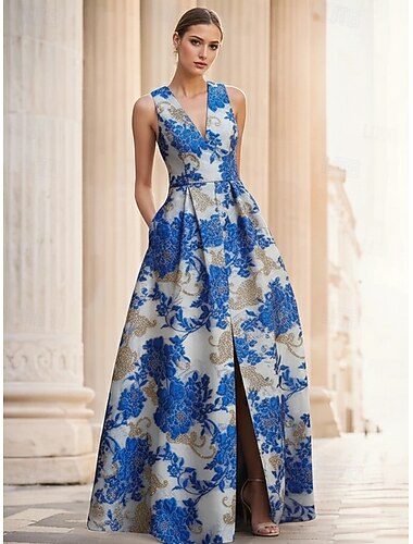  A-Linie Bodenlang Abendkleid Elegant Vintage Blumen Ärmellos V Ausschnitt Hochzeit Formell Jacquard mit Blumenmuster Falten Tasche