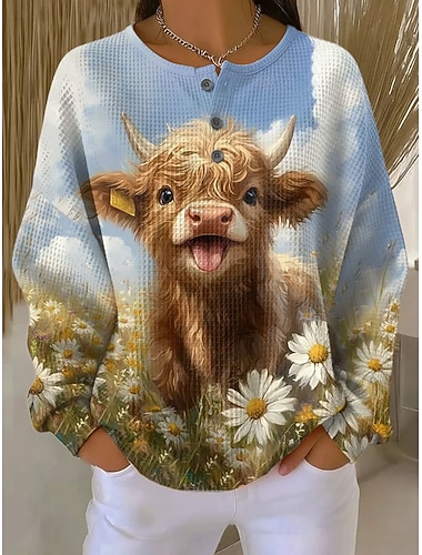  Damen Pullover Sweatshirt Knöpfe Druck Grafik Tiermotiv Warm Klassisch Lässig Langarm Rundhalsausschnitt Normale Oberteile Lässig Straße Alltagskleidung Blau Gelb Frühling