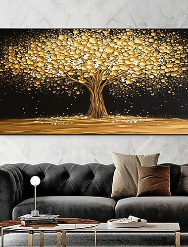  金色の抽象的な木の絵、金色の花のキャンバスのテクスチャ絵画、金と黒の寝室の木のアートワーク、アクリルの寝室の壁画