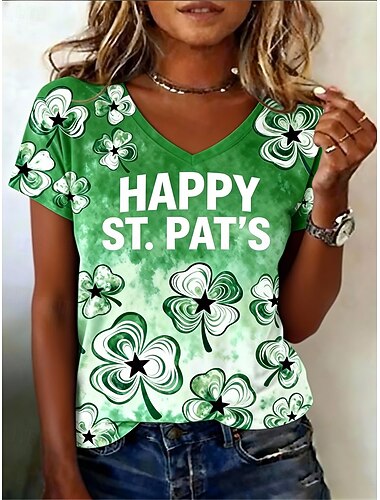 Sankt Padre's dag Saint Patrick's Day Dam T-shirt Mönster Vitklöver Stylish Ledigt Kortärmad V-hals Vanliga toppar Dagligen Grön Sommar Vår