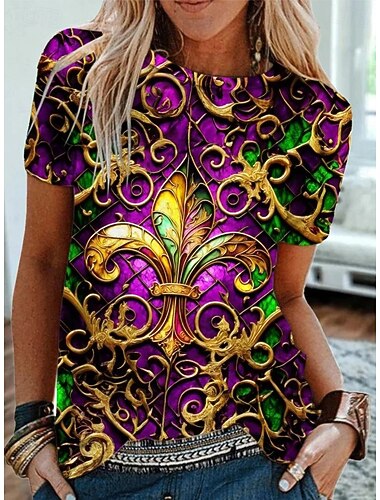  Karneval Kvinnors T-shirt Blommig Vintage Stilig Klassisk Kortärmad Crew Neck Vanliga Toppar Daily Print Lila Fuchsia Sommar Vår