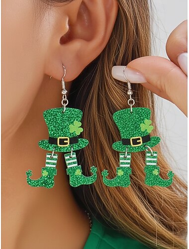  Brincos femininos de trevo em acrílico para o Dia de São Patrício, com design leve e brilhante, disponíveis em vários estilos com temas de trevo e irlandês, perfeitos para desfiles, festas, eventos e comemorações de feriados.