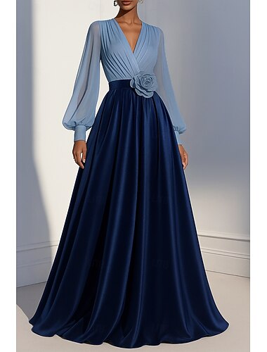  Corte A Hasta el Suelo Vestidos de noche Corte Cenicienta Vestimenta formal Elegante Bloque de Color Sedoso Manga Larga Escote en Pico Boda Formal Bolsillo Gasa Satén con Flor bordada