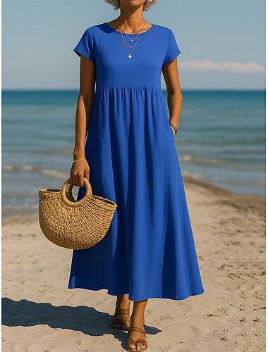  Maxikleid für Damen, A-Linien-Kleid, lässig, Boho-Stil, locker geschnitten, schlicht, Kurzarm, Rundhalsausschnitt, blau, schwarz, weiß, hellgrün, Sommer, Frühling, Herbst