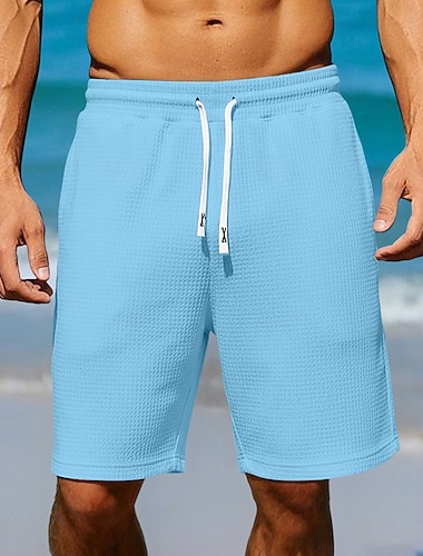  Herren Waffel Shorts Sommershorts Strandshorts Kordelzug Elastischer Bund Einfarbig Komfort Knielang Täglich Outdoor Streetwear Urlaub Mode Blau Schwarz Mikroelastisch