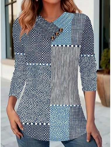  Γυναικεία Μπλουζάκι Κουμπιά Στάμπα Γραφική Γεωμετρικό Συνδυασμός Χρωμάτων Βίντατζ Στυλάτο Κλασσικό Μακρυμάνικο Λαιμόκοψη V Κανονικά μπλουζάκια Καθημερινά Σαββατοκύριακο Θαλασσί Ανθισμένο Ροζ Χακί