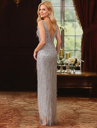  Søjle Gulvlængde Paillette Kjole Frynse Kjole Prom Kjole Mor til Brudekjole Uden Ærmer V Hals Elegant Vintage Fest med Pailletter