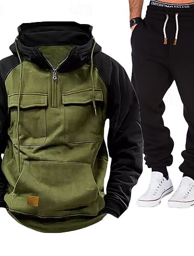  Homens Moletom Moletom com capuz e calças Conjunto Capuz Diário Ao ar livre Férias Roupa Diária Patchwork Bolsos Half Zip Bloco de cor Azul Vermelho Vinho Preto Roupas Esportivas Esportes Moda Outono