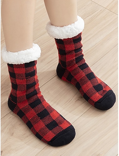  Kvinnelige Mardi Gras fleecefôrede bøffelrutete gulvstrømper koselige antiskli varme tøfler vinterkarnevalfester og hjemmebruk