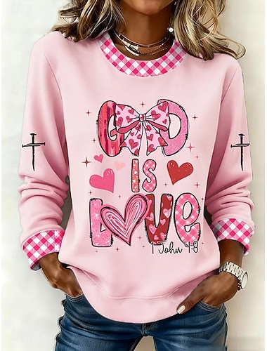  Damen Kapuzenshirts Druck Herz Grafik Mode Lässig Langarm Rundhalsausschnitt Normale Oberteile Straße Alltagskleidung Weiß Rosa Beige Frühling Herbst Faith