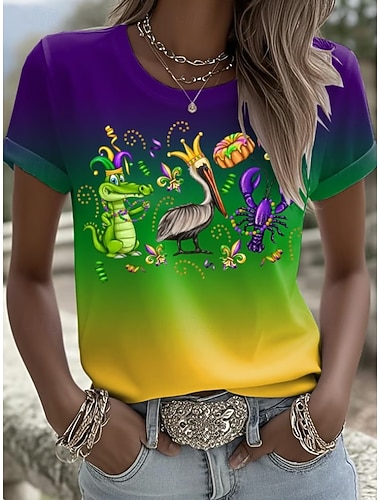  Carnaval Mardi gras Dames T-shirt Afdrukken Grafisch Vintage Modieus Stijlvol Korte mouw Lange mouw Strakke ronde hals Normale tops Dagelijks Paars Zomer Lente