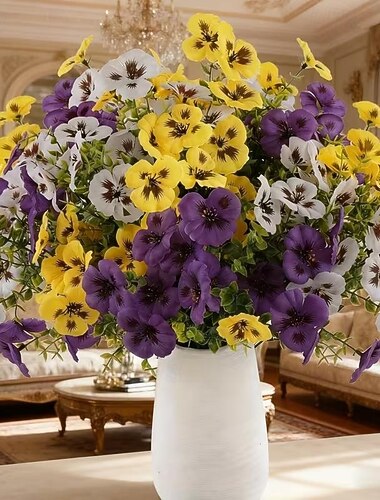  9 csokor háromszínű árvácska művirág retró stílusú virágdíszek udvarra, erkélyre, beltéri és kültéri tereprendezéshez, esküvői dekorációkhoz, partikellékek, otthoni dekorációhoz alkalmasak