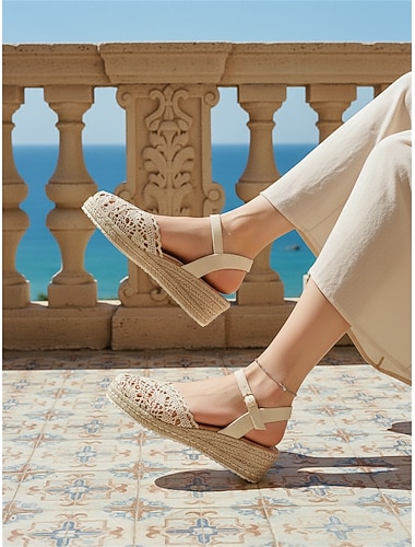  Sandales compensées espadrilles bohèmes beiges en crochet pour femmes – idéales pour les vacances d'été, les stations balnéaires et les escapades décontractées