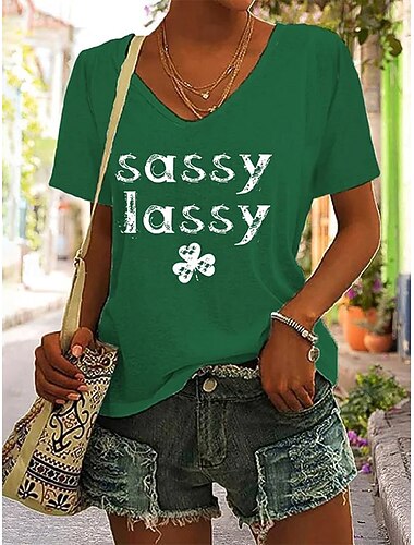  St. Patrick's Day Kvinnors T-shirt Grafisk Bokstav Stilig Klassisk Avslappnad Kortärmad V-hals Vanliga Toppar Daily Print Svart Vit Grön Sommar Vår